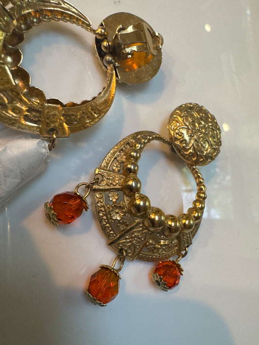 Statement 1970s clip on earrings with dangling Amber stones