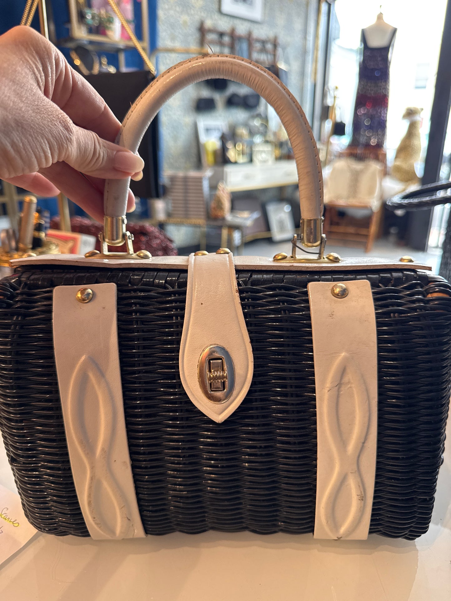 black and white wicker bag