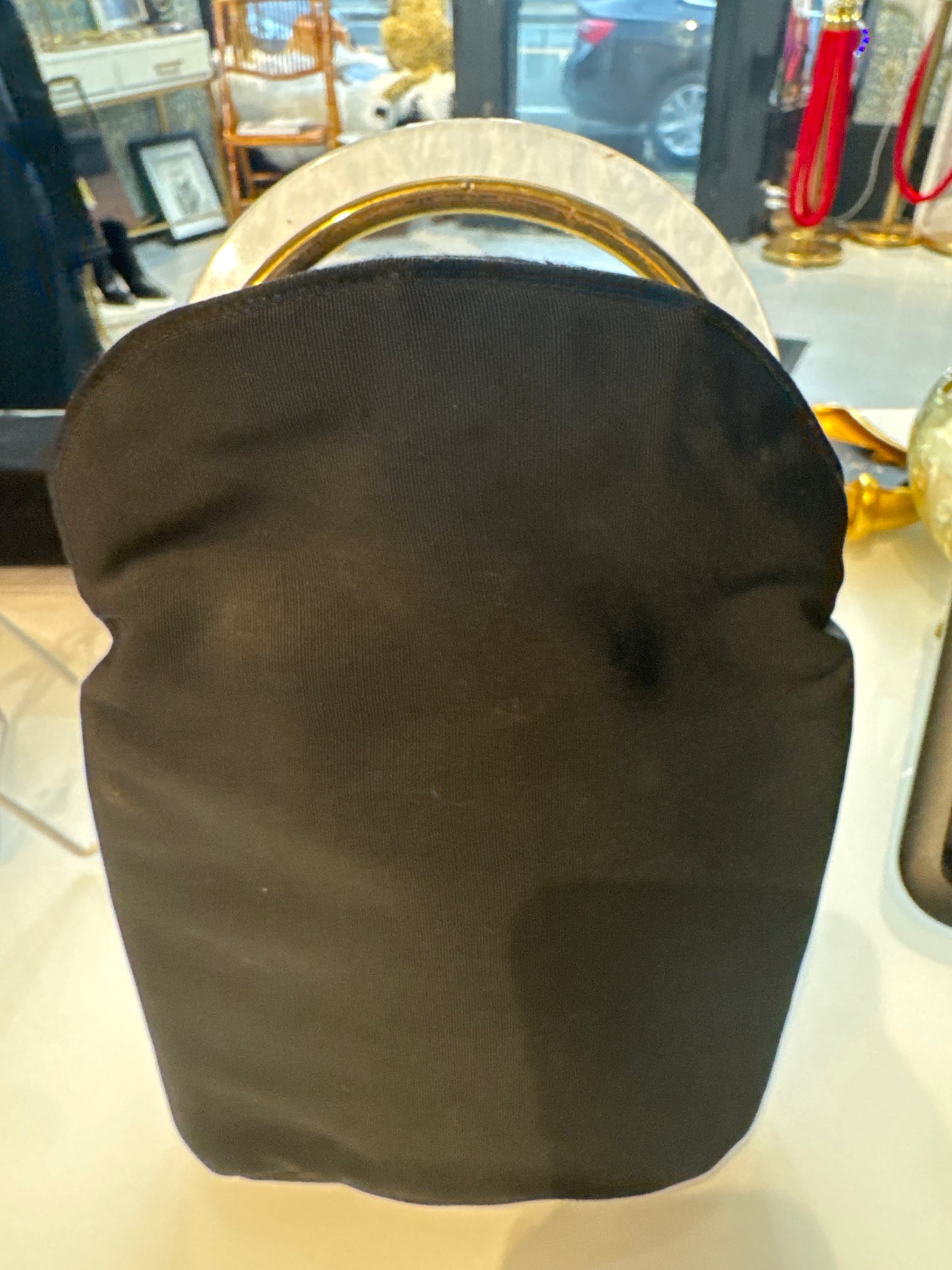 1940s black satin lucite top handle bag