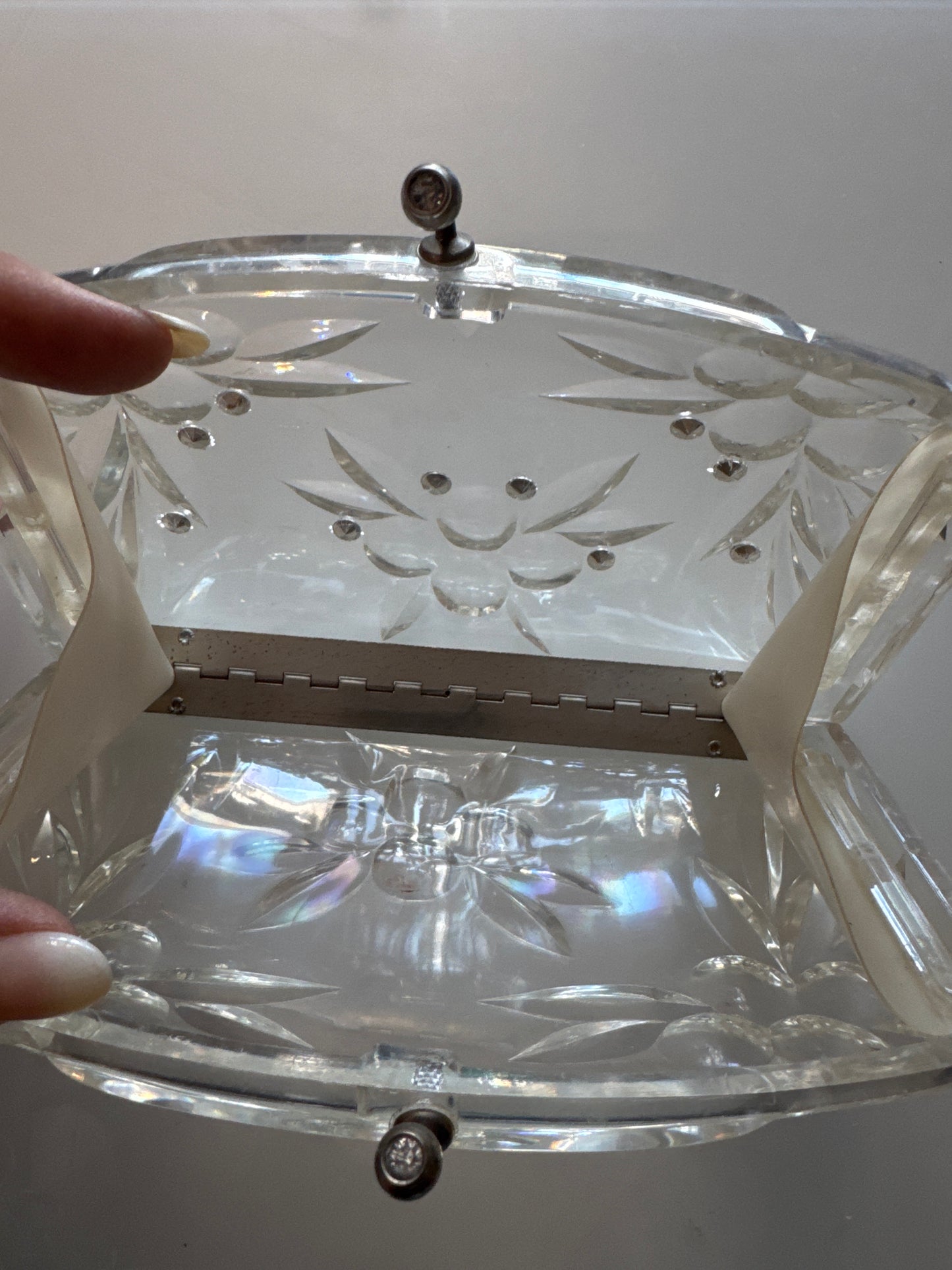 stunning 1950s vintage lucite clear clutch with rhinestones