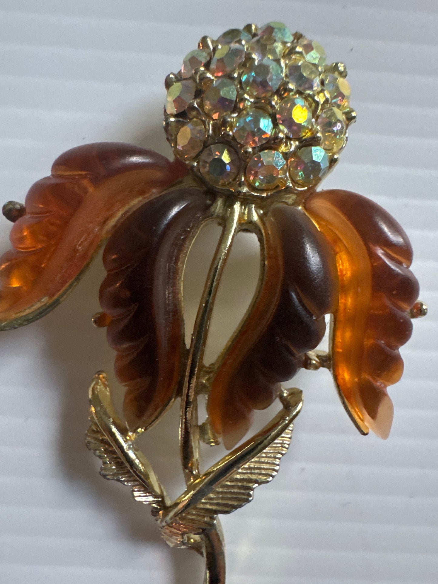 Mid-century amber and rhinestone Thermo set flower brooch