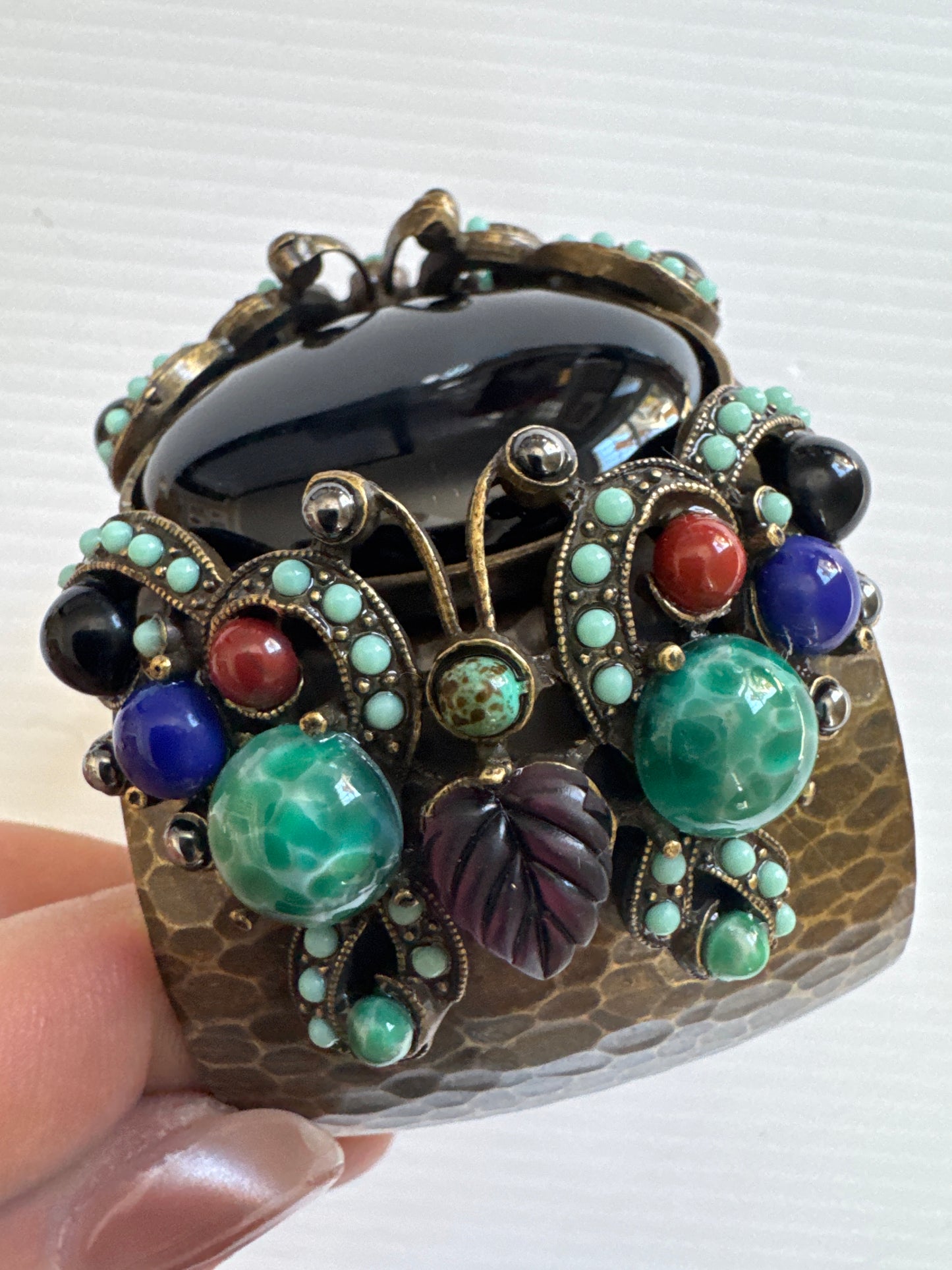 1970s beautiful signed, sweet romance cuff bracelet with colored cabochons shaping a butterfly