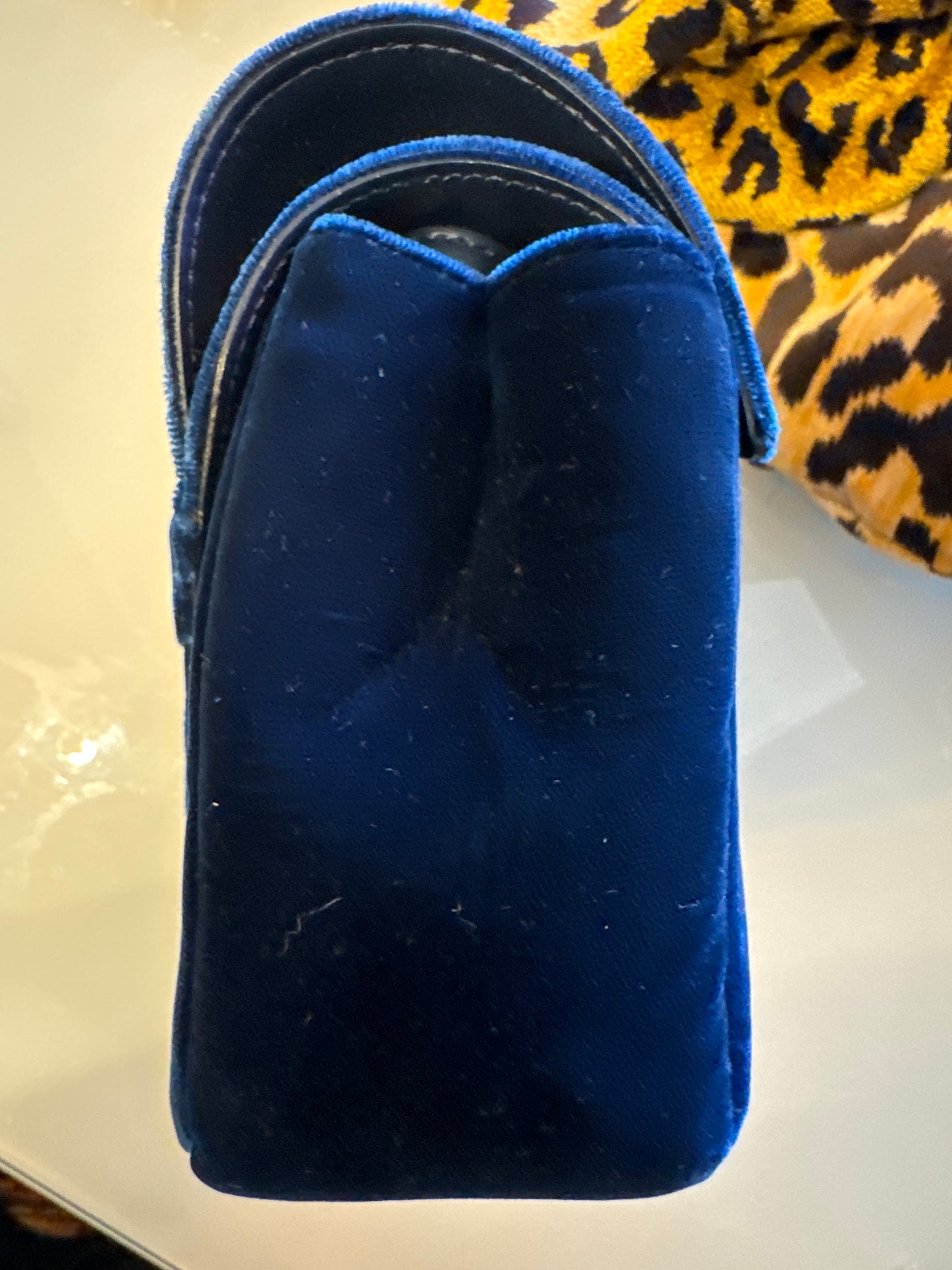 Midnight Blue leather and velvet crossbody or clutch handbag by Elena Ghisellini. Brand new.