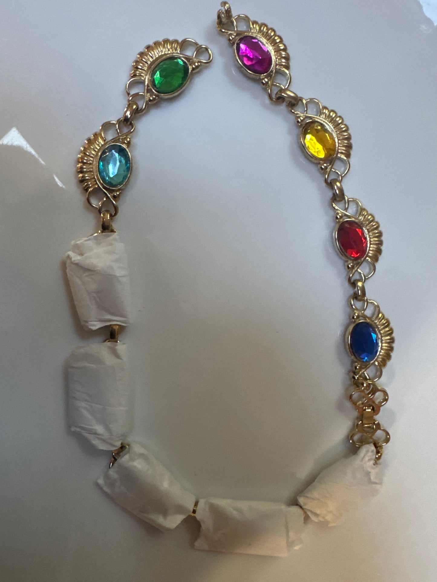 Beautiful 1970s gold tone and rainbow cabochon necklace