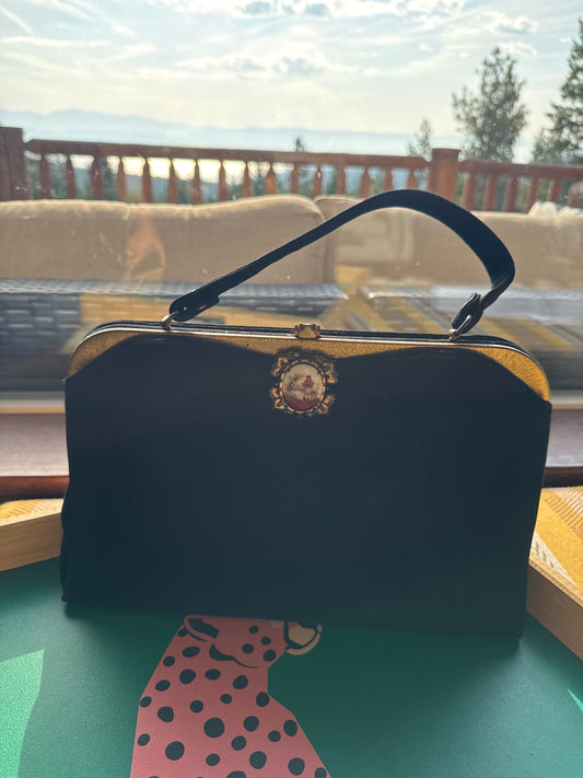 Beautiful vintage evening black velvet 1950s cameo clasp handbag