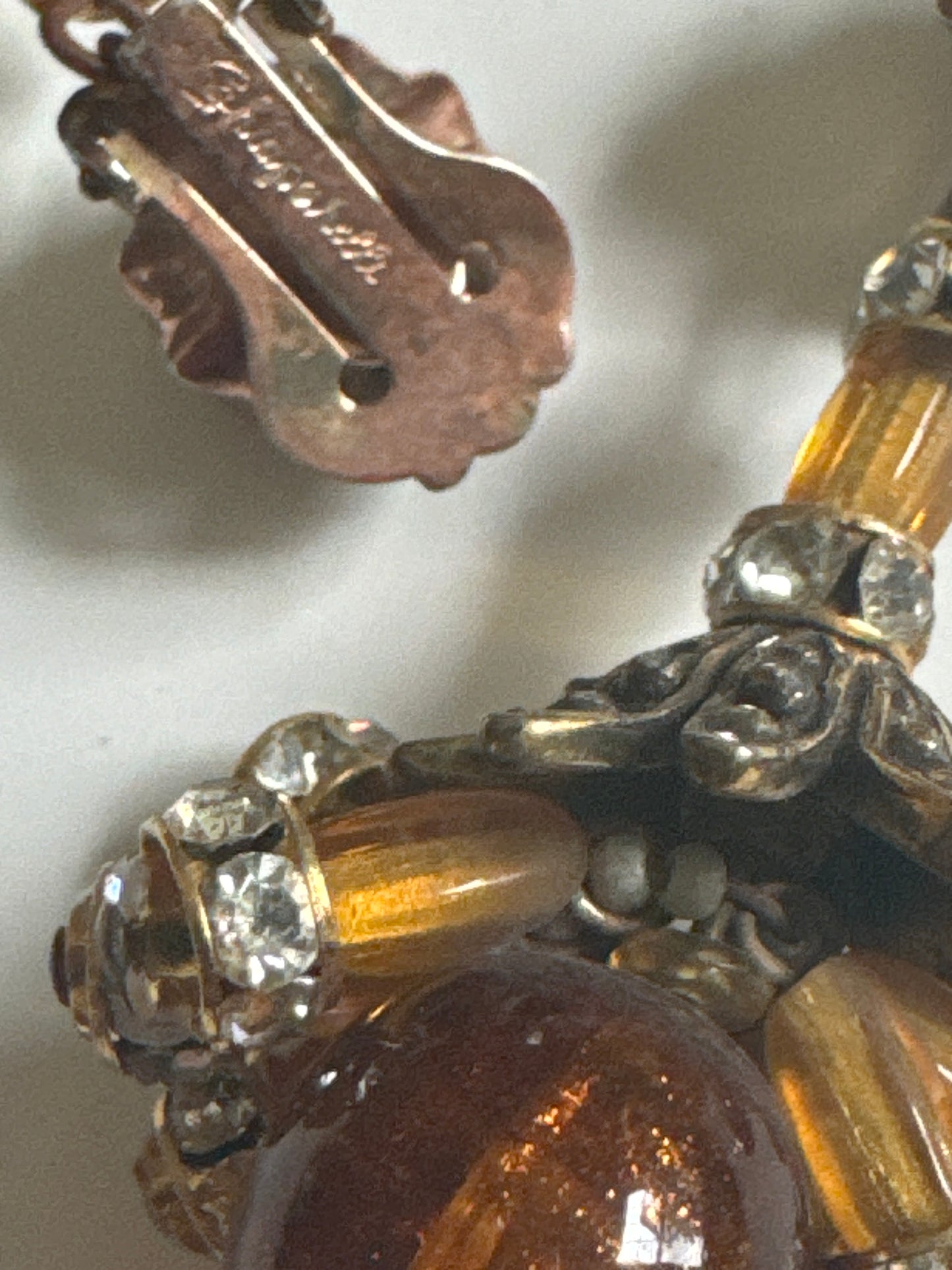 1930's absolutely beautiful sign SCHIAPARELLI Amber colored glass earrings with rhinestones and dangles