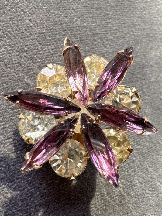 Precious vintage, 3-D amethyst and clear rhinestone mini brooch