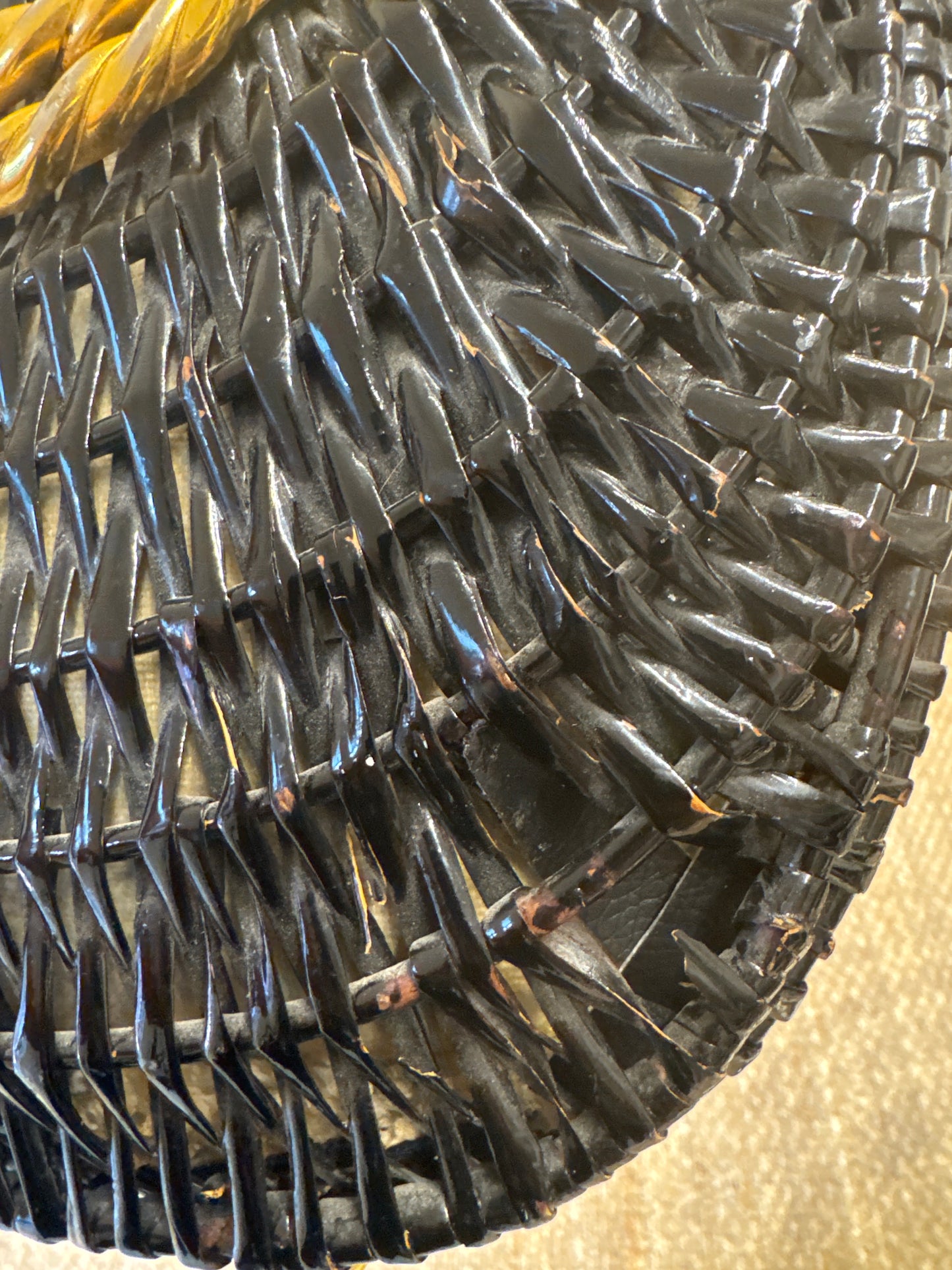 Fabulous black wicker 1950s Koret with gold decorative hardware