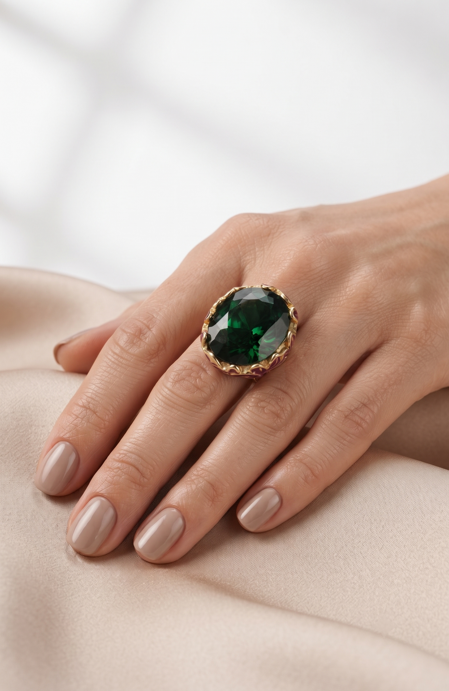 Gorgeous 1980s green rhinestone and red enamel jumbo cocktail ring.