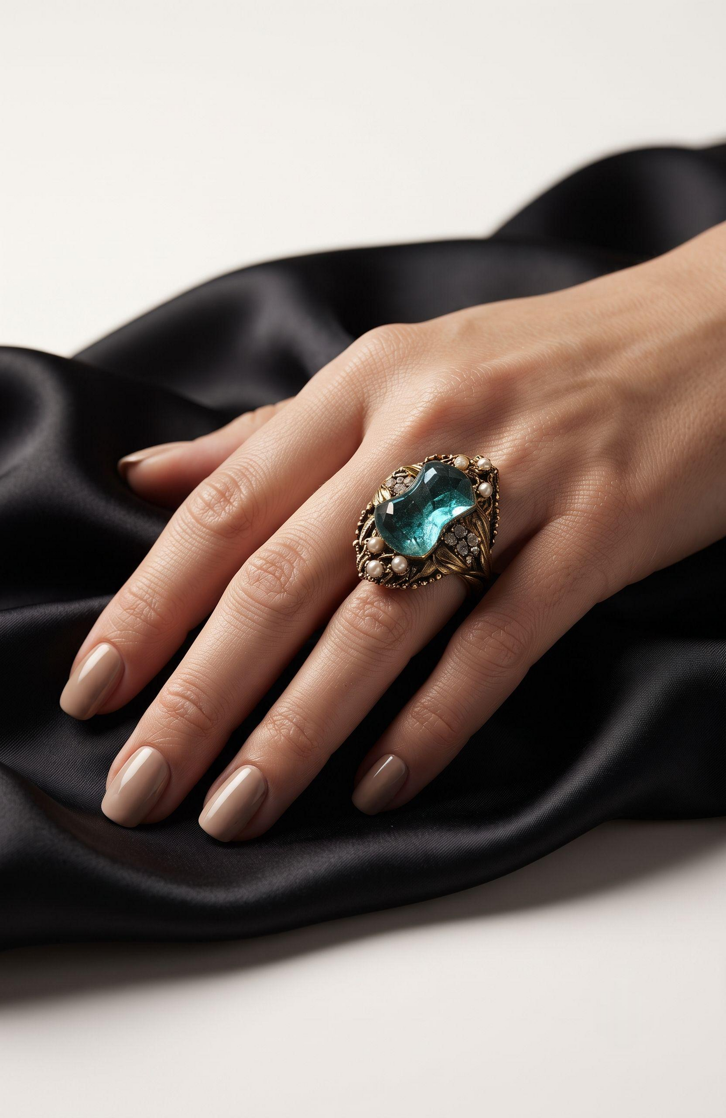 Beautiful 1950s turquoise stone jumbo cocktail ring with pearls and rhinestones