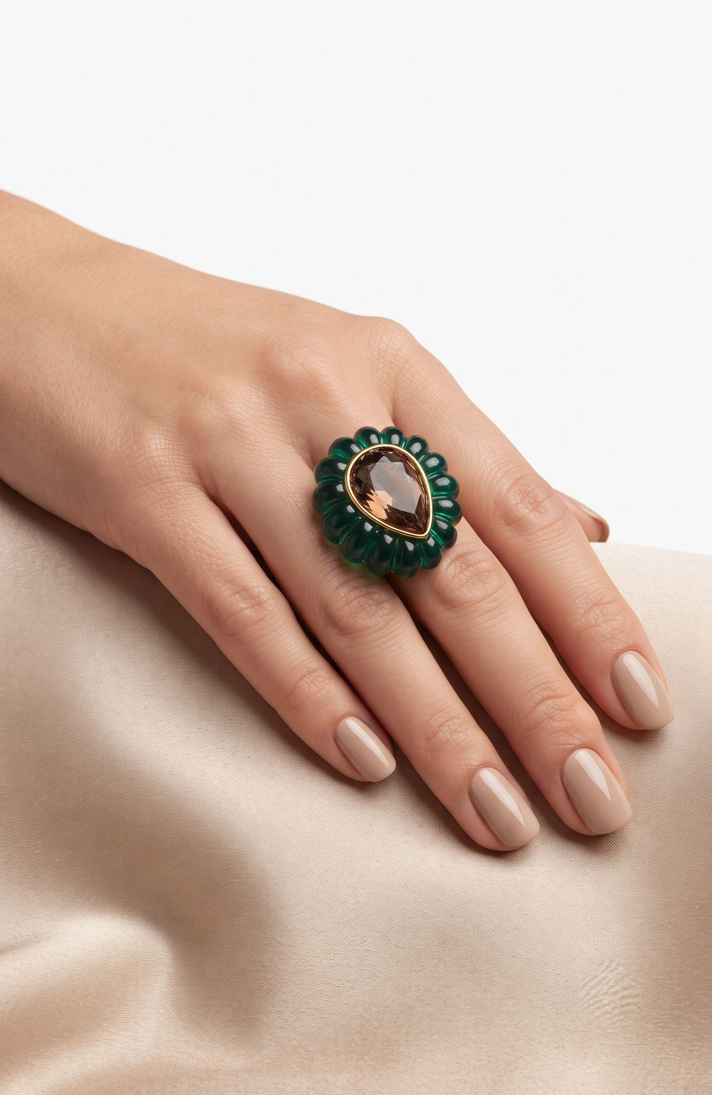 Gorgeous vintage signed Catwalk Jon jumbo cocktail ring with green resin and purple center stone