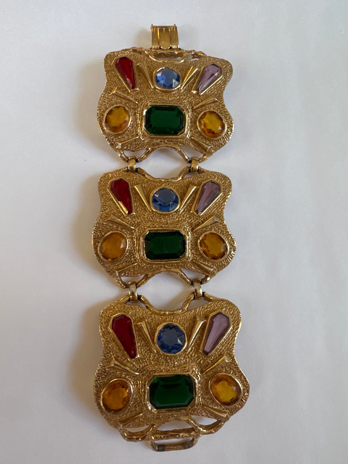 Absolutely stunning 1980s thick cuff bracelet with colored stones. Road