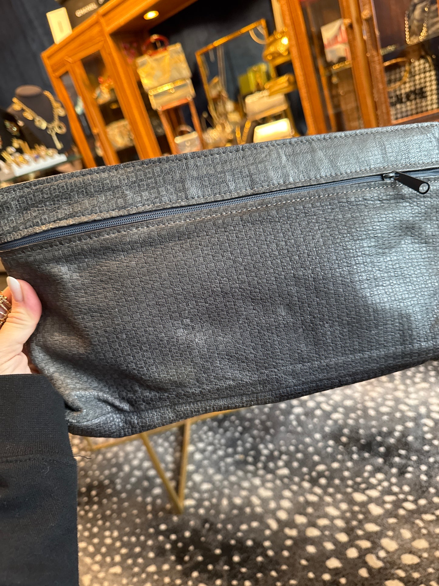 Vintage grey tone, Carlos  Falchi, suede and leather bag with interior zipper and two outside zippers