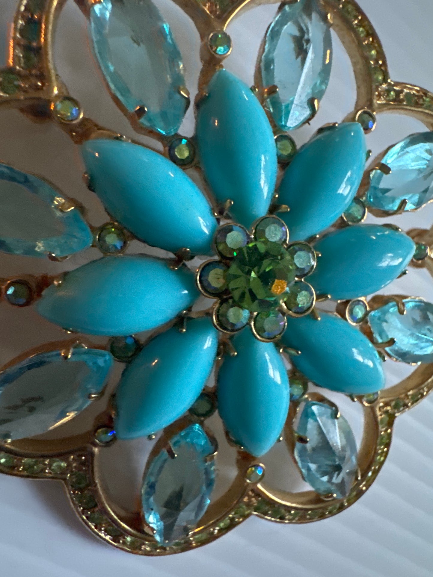 1970s gold tone brooch with turquoise cabochon and green rhinestones