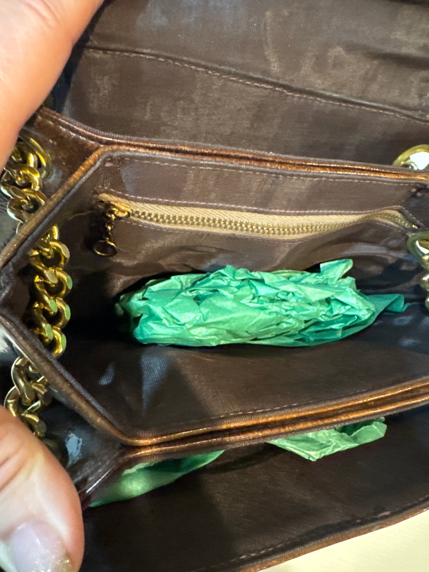 fabulous 1960s brown vinyl triple compartment handbag with chains and decorative closure