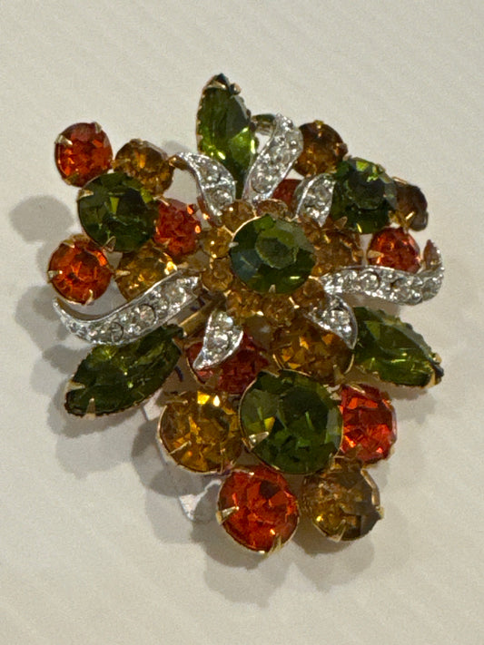 Beautiful 1960s rhinestone brooch with green amber and orange rhinestones