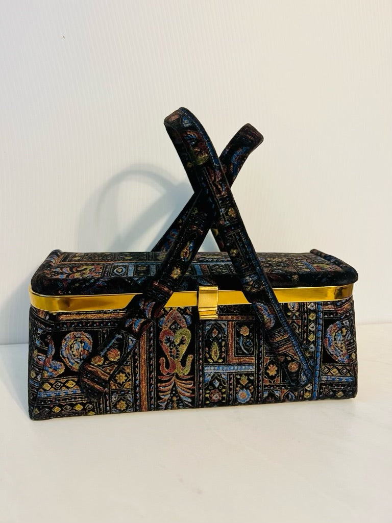 Vintage 1950’s fabric box bag with blue design