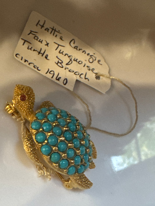 vintage 1960s HATTIE Carnegie faux turquoise turtle brooch