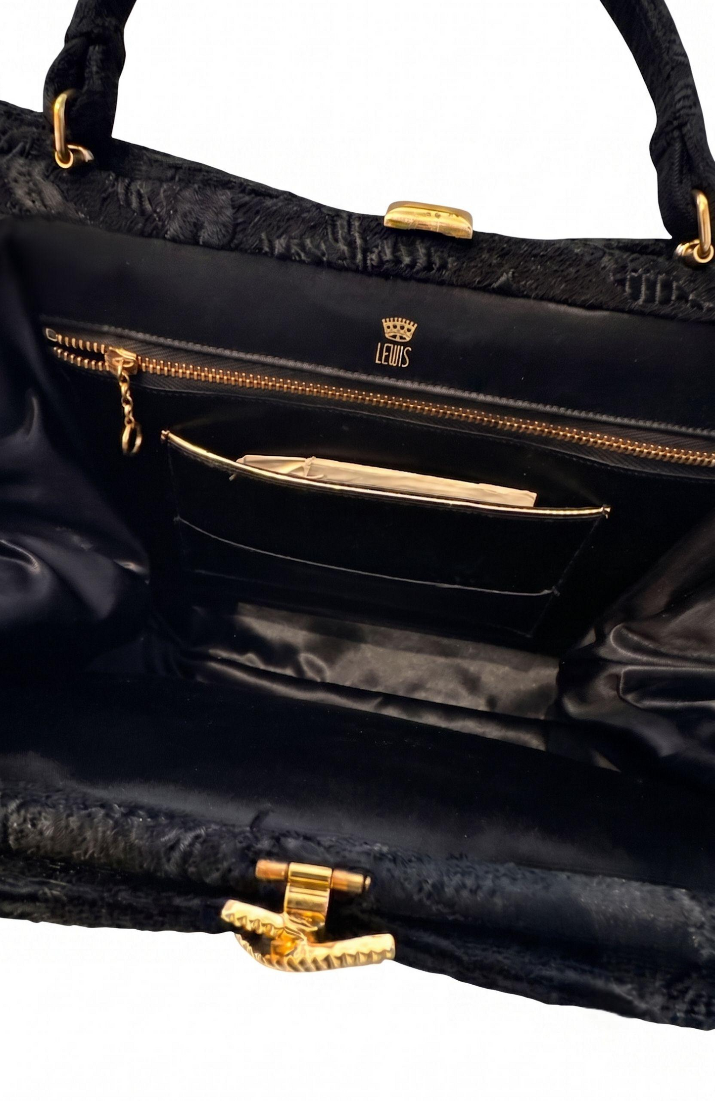 1960s fabric brocade black top handle handbag with decorative gold closure by LEWIS
