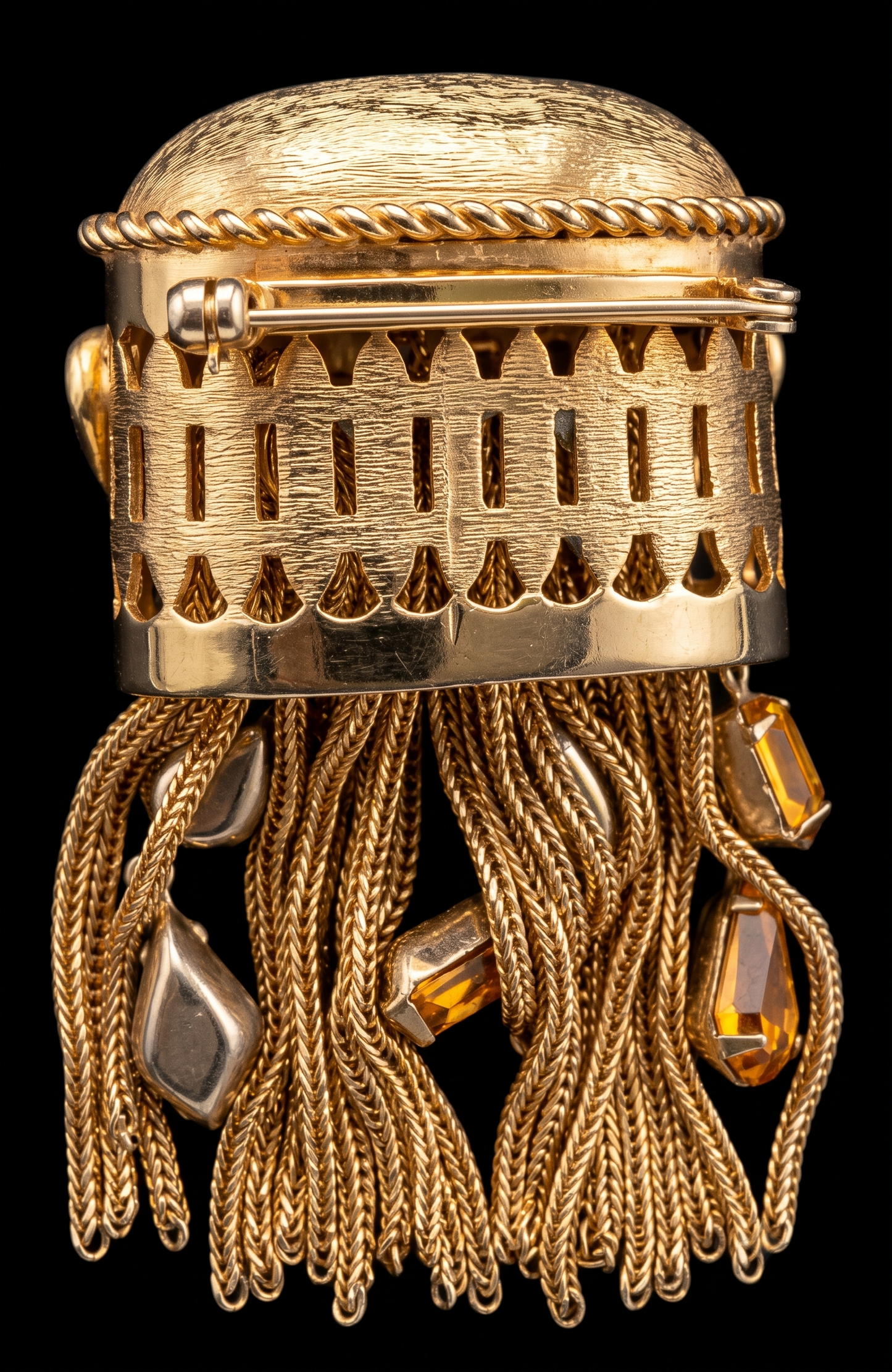Joseff of Hollywood gold brooch with domed top and cascades of 13 prong set large citrine glass teardrops and 5 round white glass rhinestones w/ tassels.Unsigned Joseff of Hollywood was created for a specific actress for a specific film.