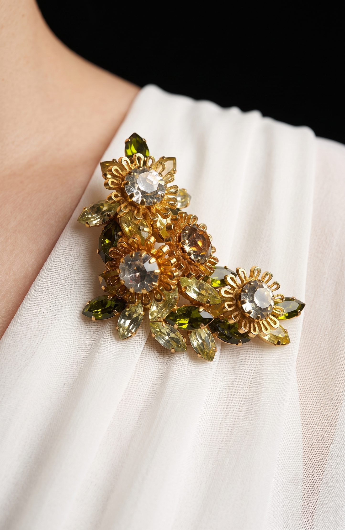 1940s signed Austria flower brooch with green and yellow navettes