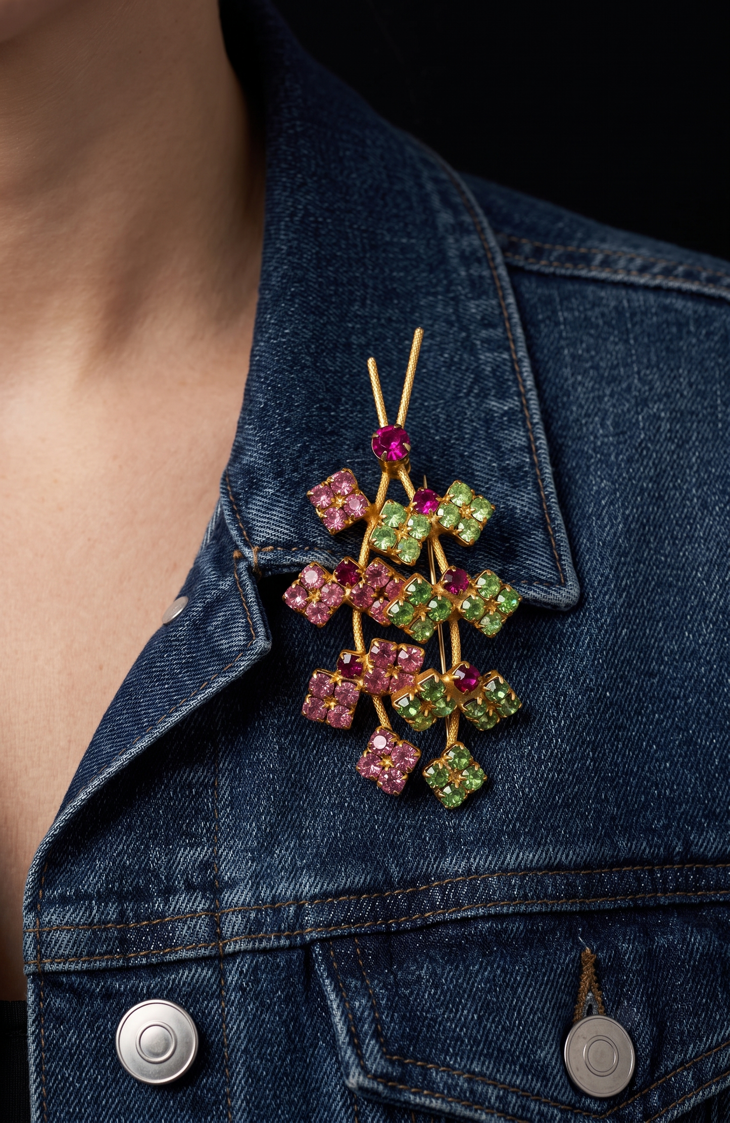 Beautiful mid-century, floral spray, brooch featuring pink and green rhinestones on a gold tone back