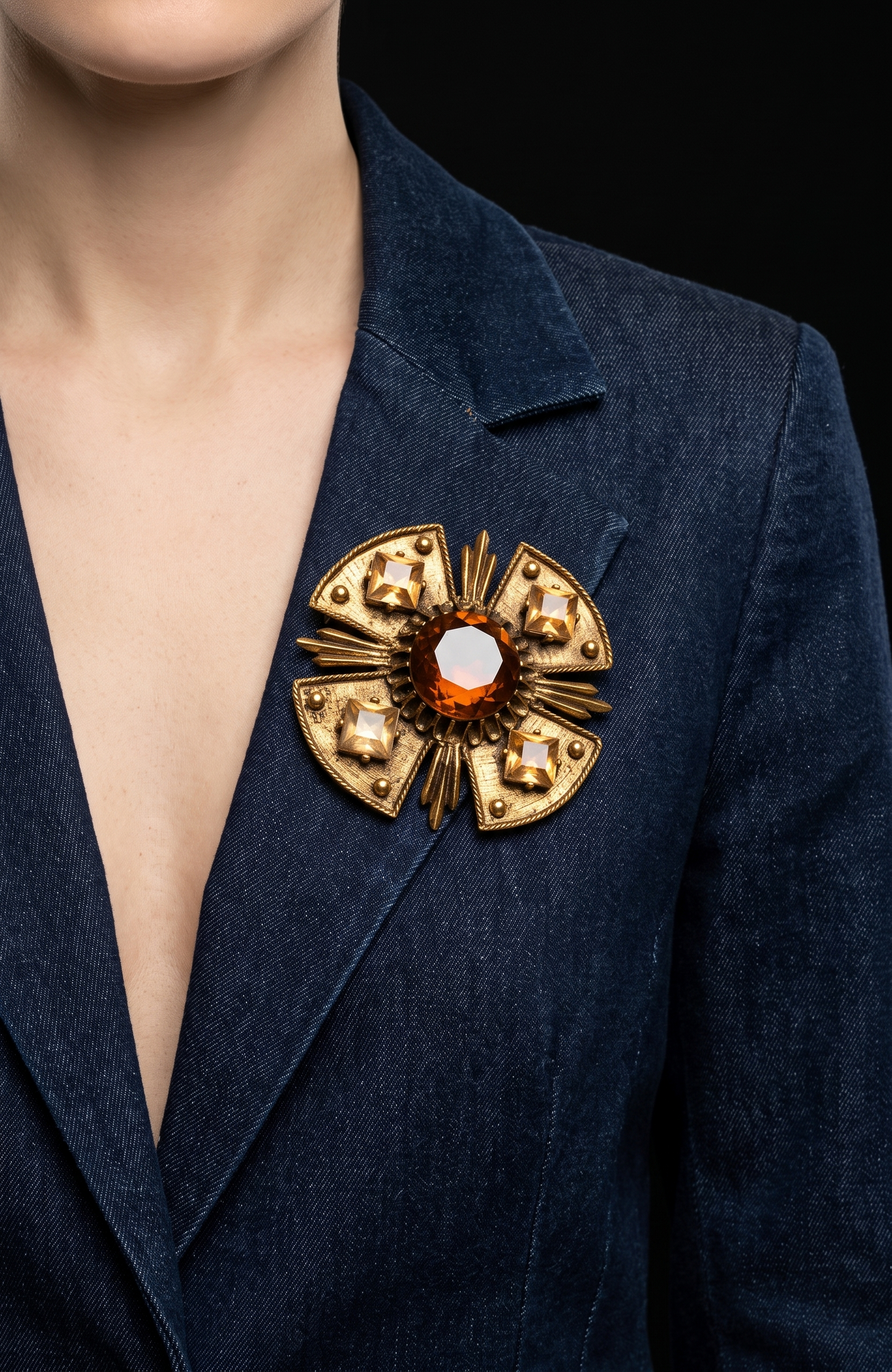 1960s signed DODDS Maltese cross brooch with Amber colored rhinestones and pendant option
