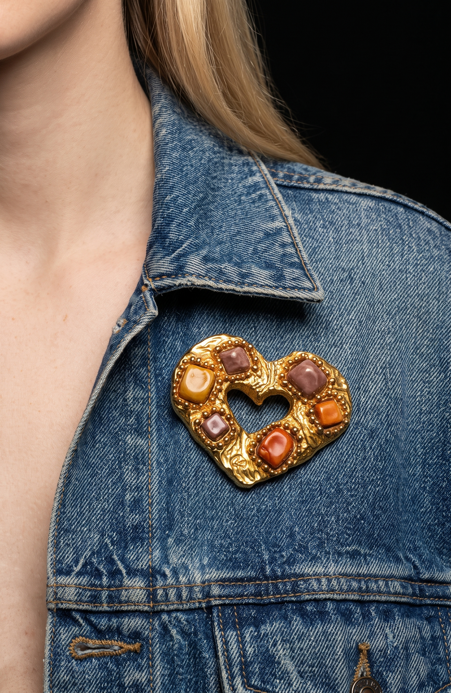 1980s signed Christian Lacroix heavy hammered gold plate brooch with glass cabochons