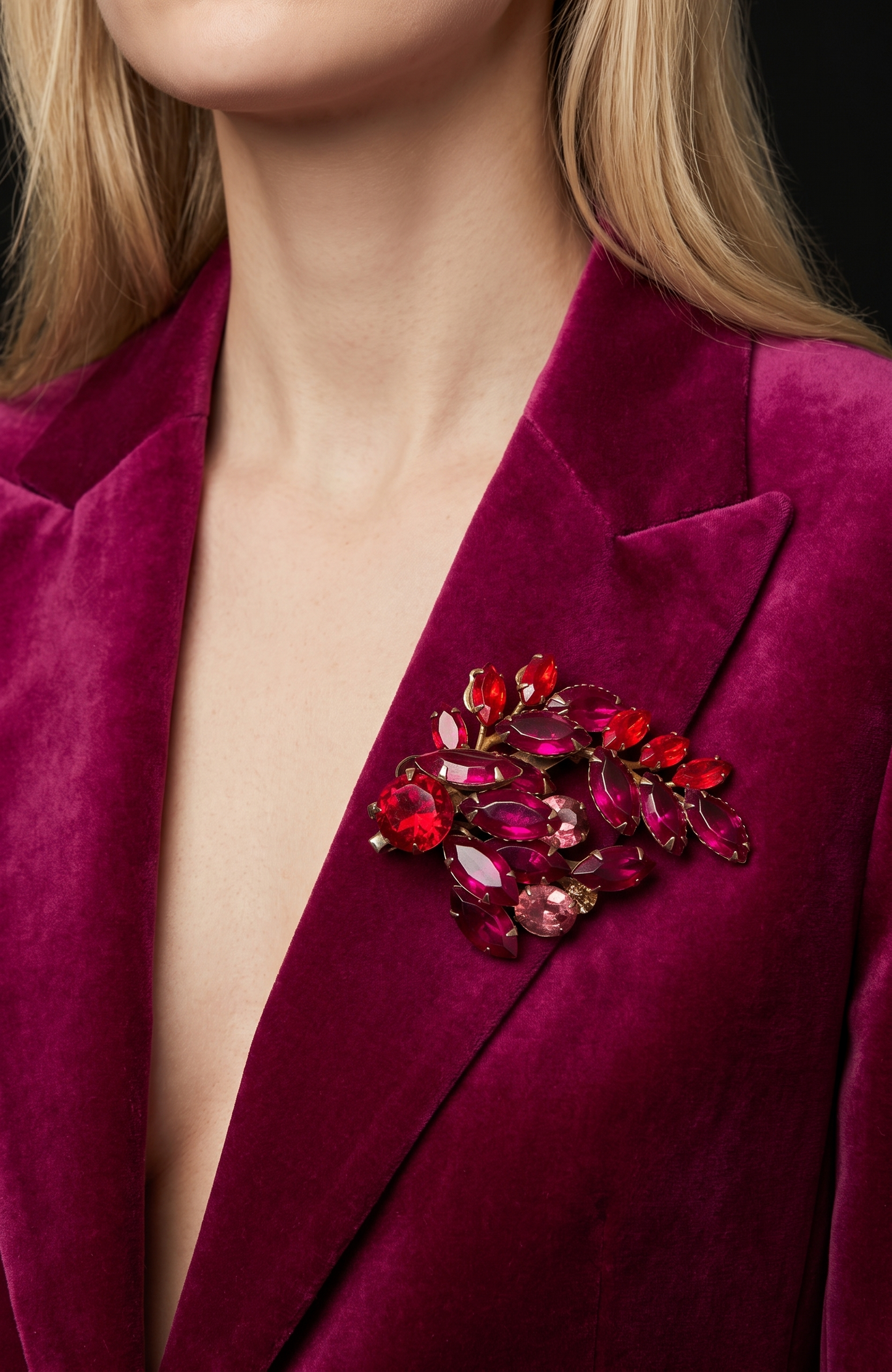 Beautiful vintage, red navette with 2 pink rhinestone brooch