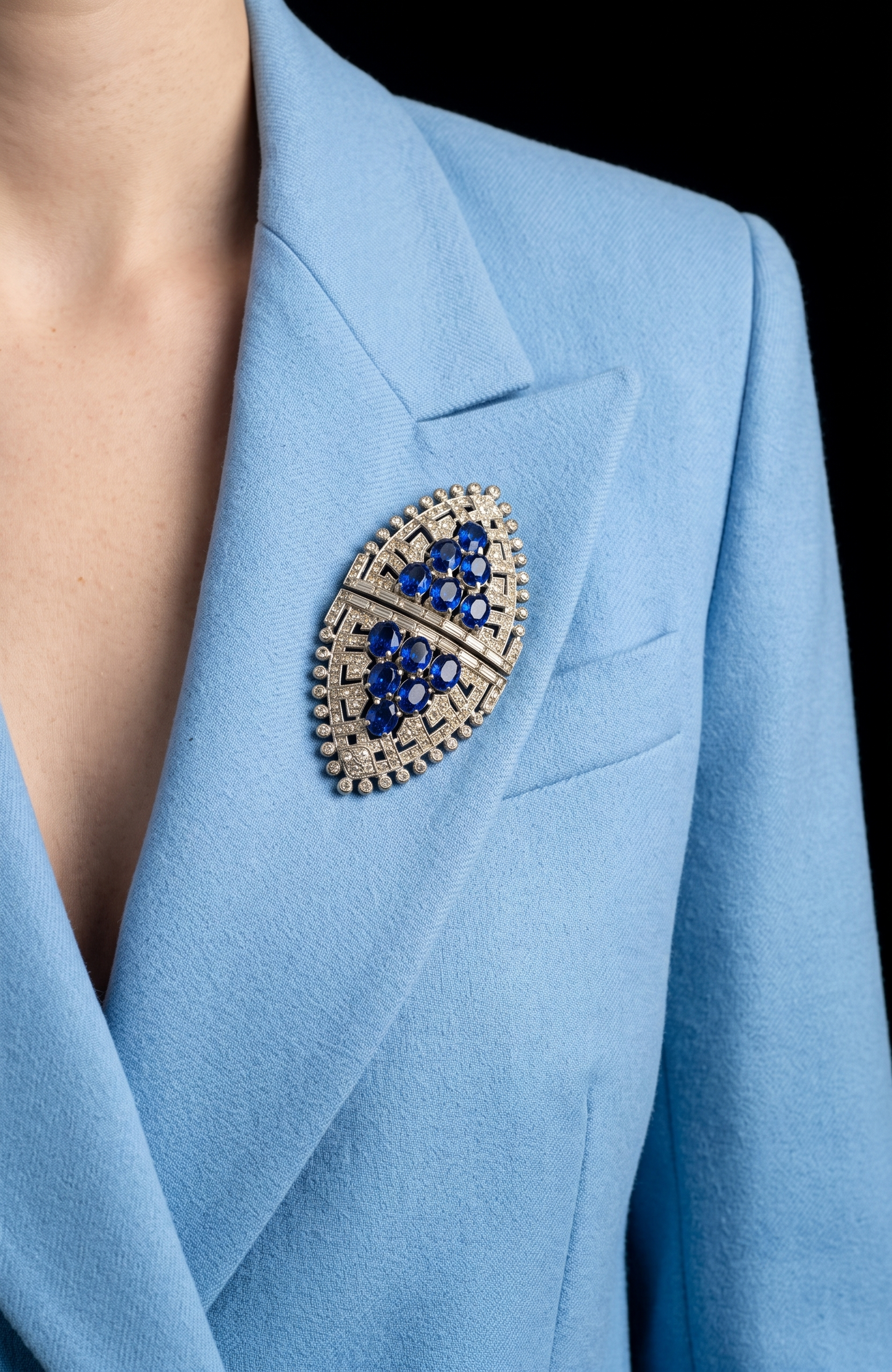 Late 1930s early 1940s signed CORO Duette rhodium plated double dress/fur clip and brooch with pave set sapphire and clear rhinestones