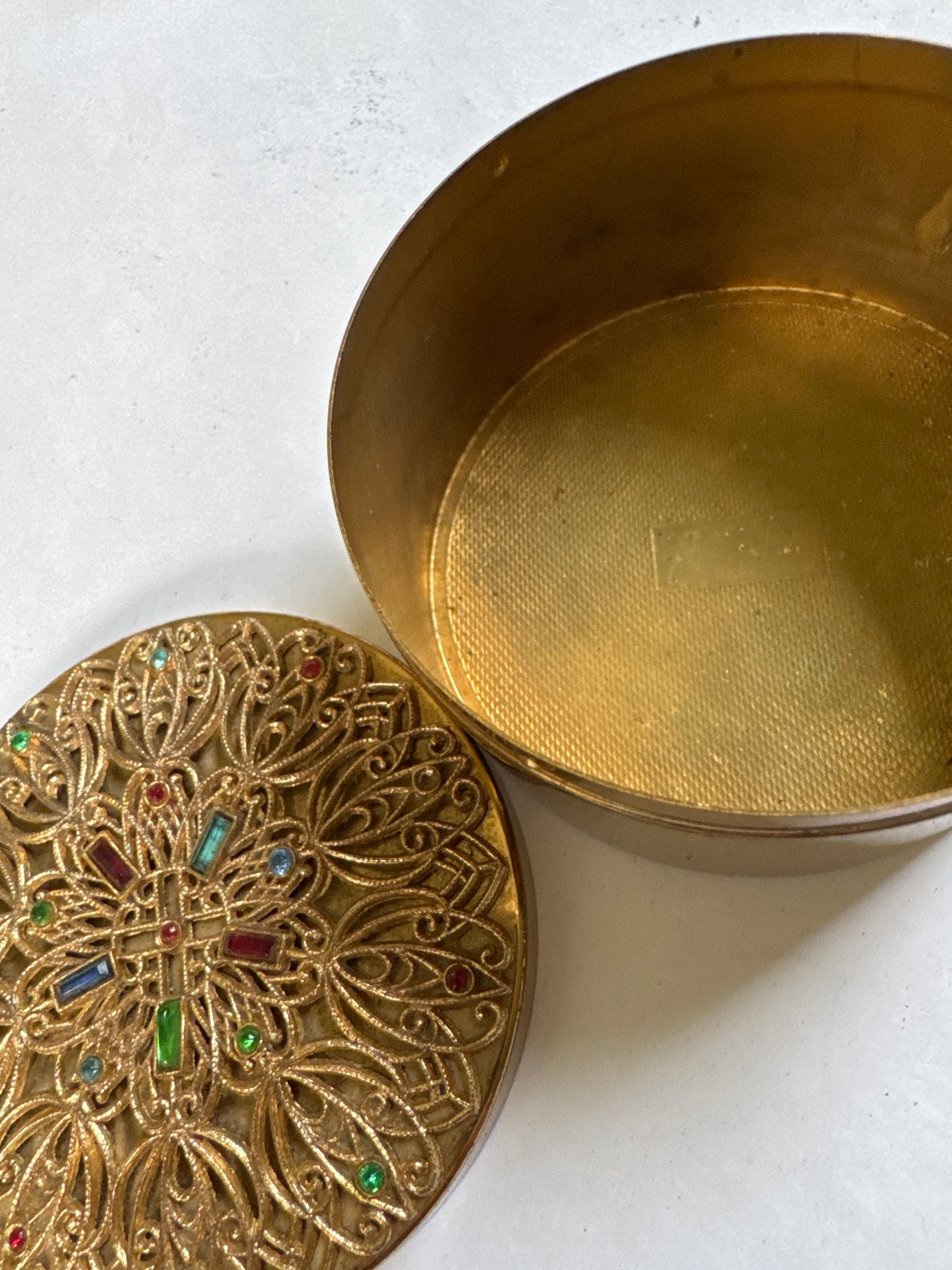 Vintage Round Brass Filigree and Bejeweled
Jewelry Trinket Box