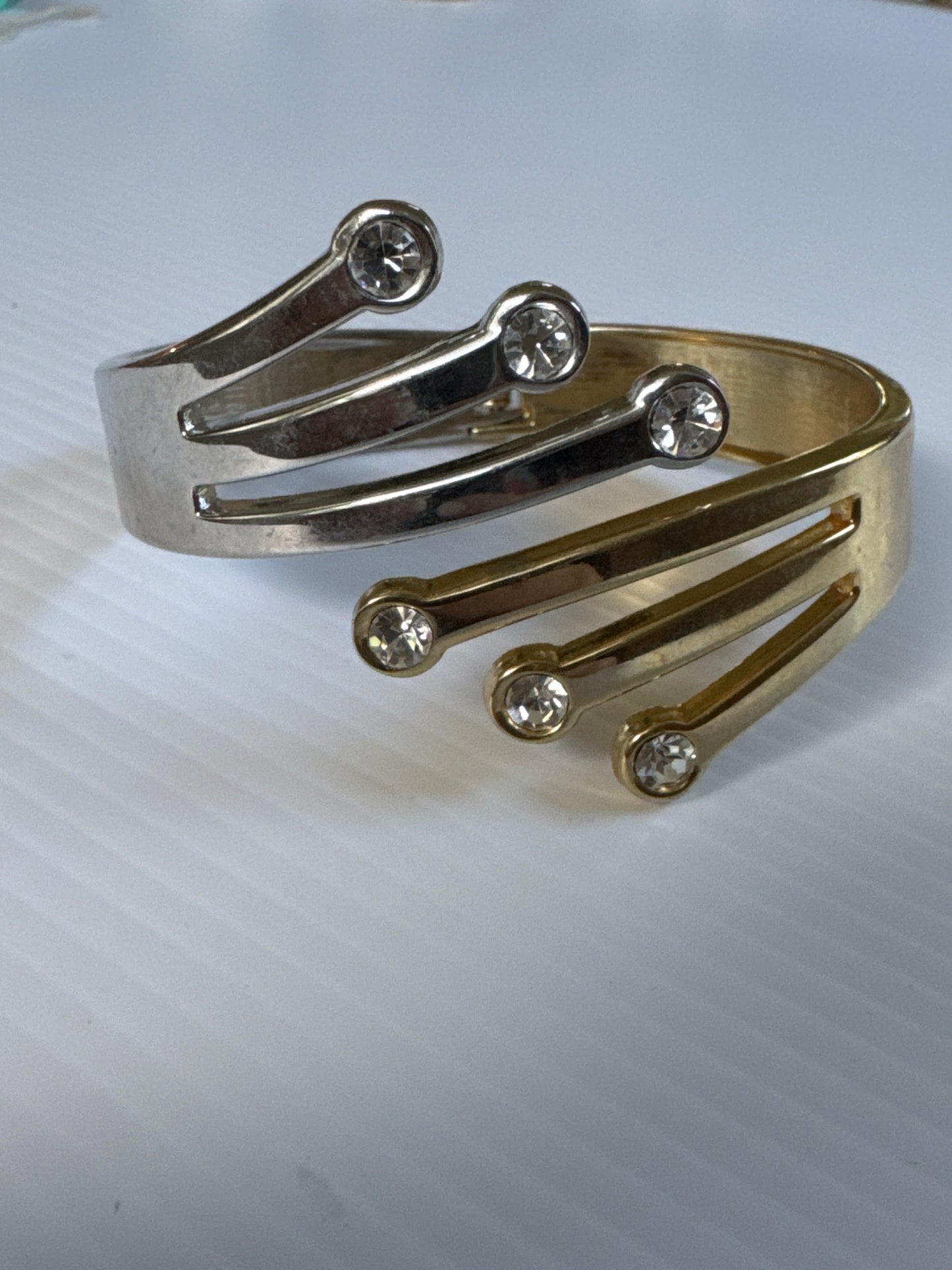 Half silver half gold vintage clamper bracelet with rhinestones