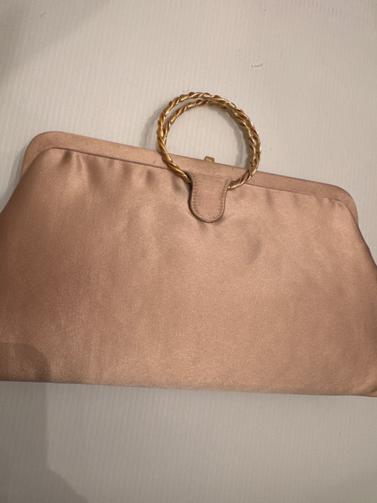 Beautiful light peach satin bag with bracelet gold tone handle. 1950s. So chic.