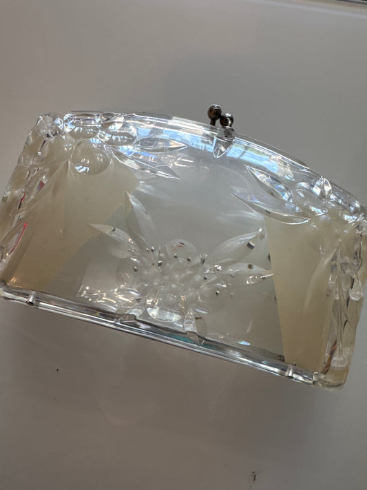 stunning 1950s vintage lucite clear clutch with rhinestones