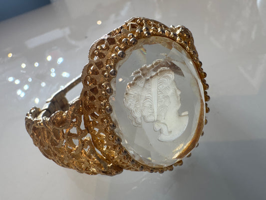 1970s cameo filigree, gold tone, clamper bracelet