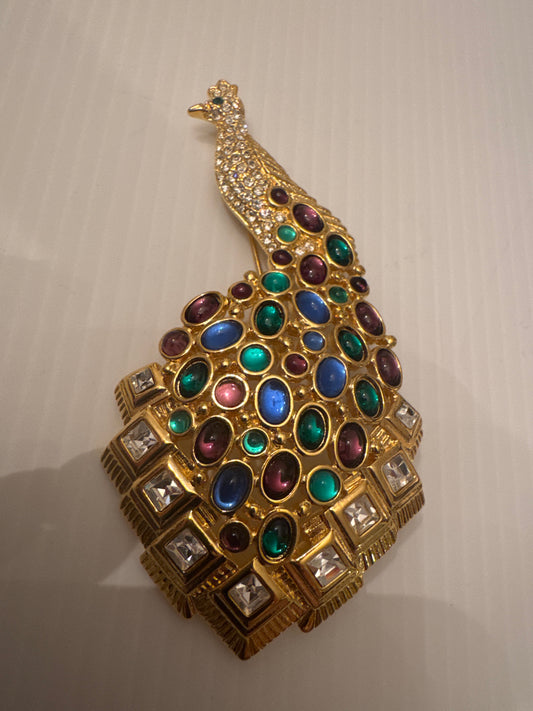 Jumbo signed Nolan Miller Peacock brooch with colorful rhinestones