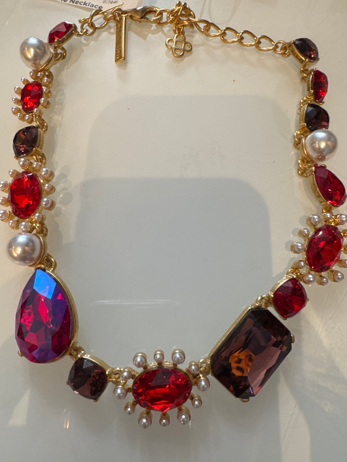Retro red rhinestone and faux pearl necklace