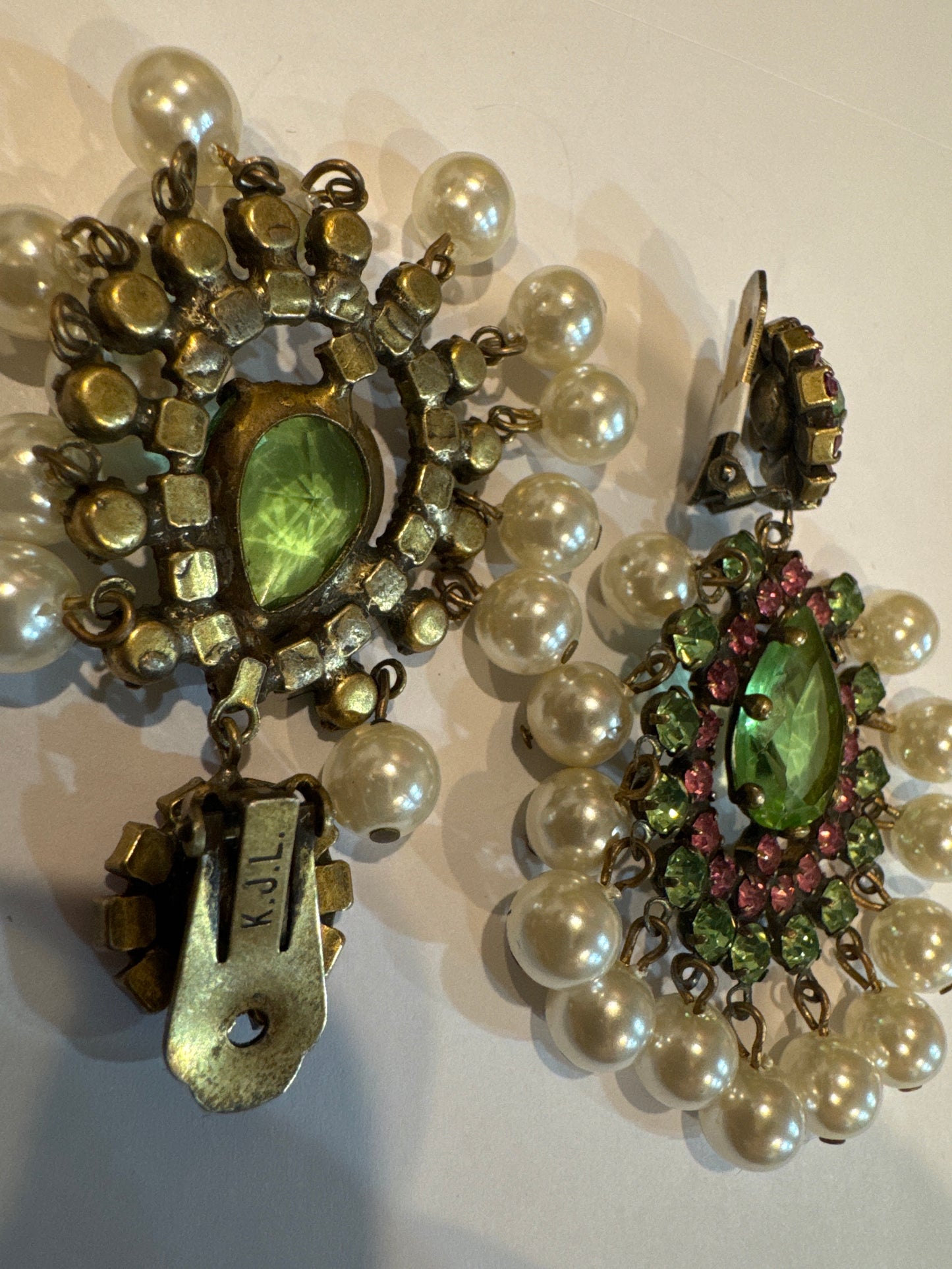 1960s signed, KJL oversized, pearl and rhinestone earrings