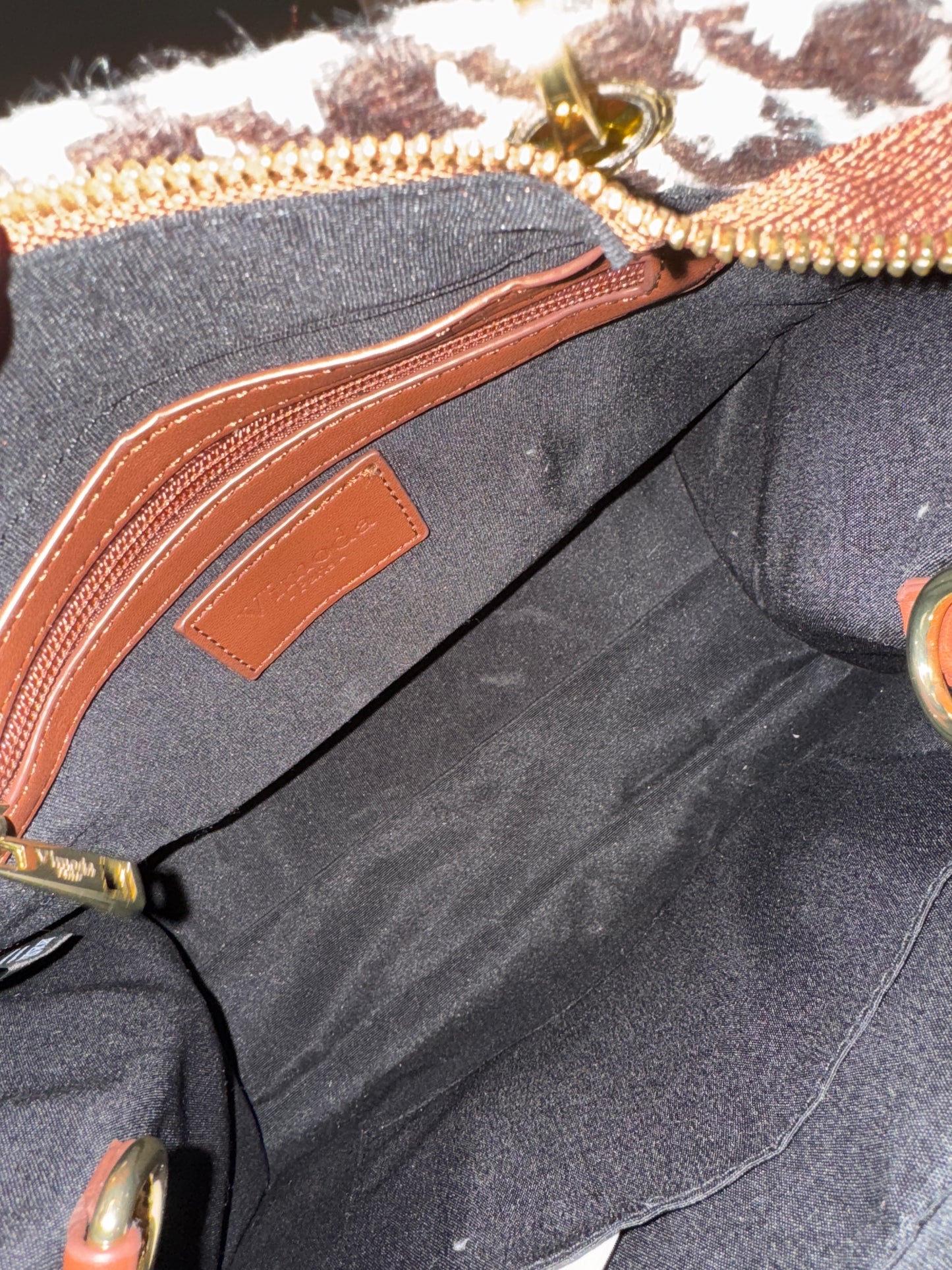 Beautiful, small black and white herringbone fabric handbag with bamboo handles, optional Crossbody strap and vegan leather and writing in  brown.