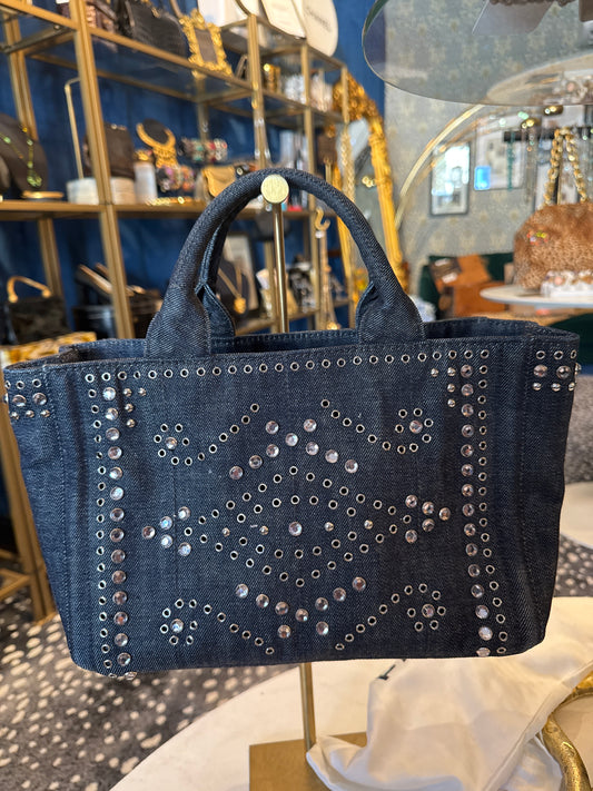fabulous Prada top handle denim tote with rhinestones. The ultimate summer bag.