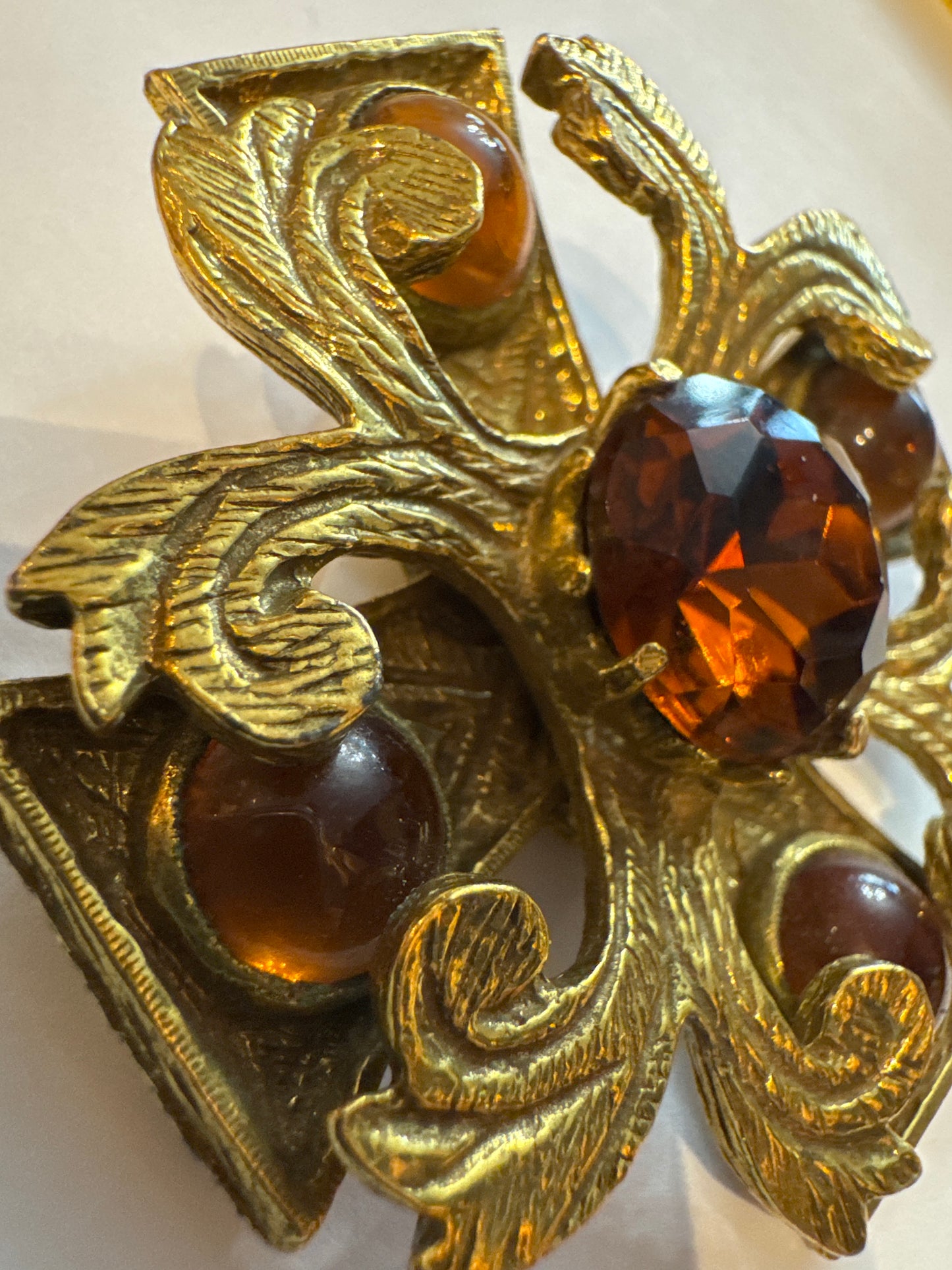 Heavy weight vintage signed 1960s 3-D BENEDIKT brooch with Amber stones