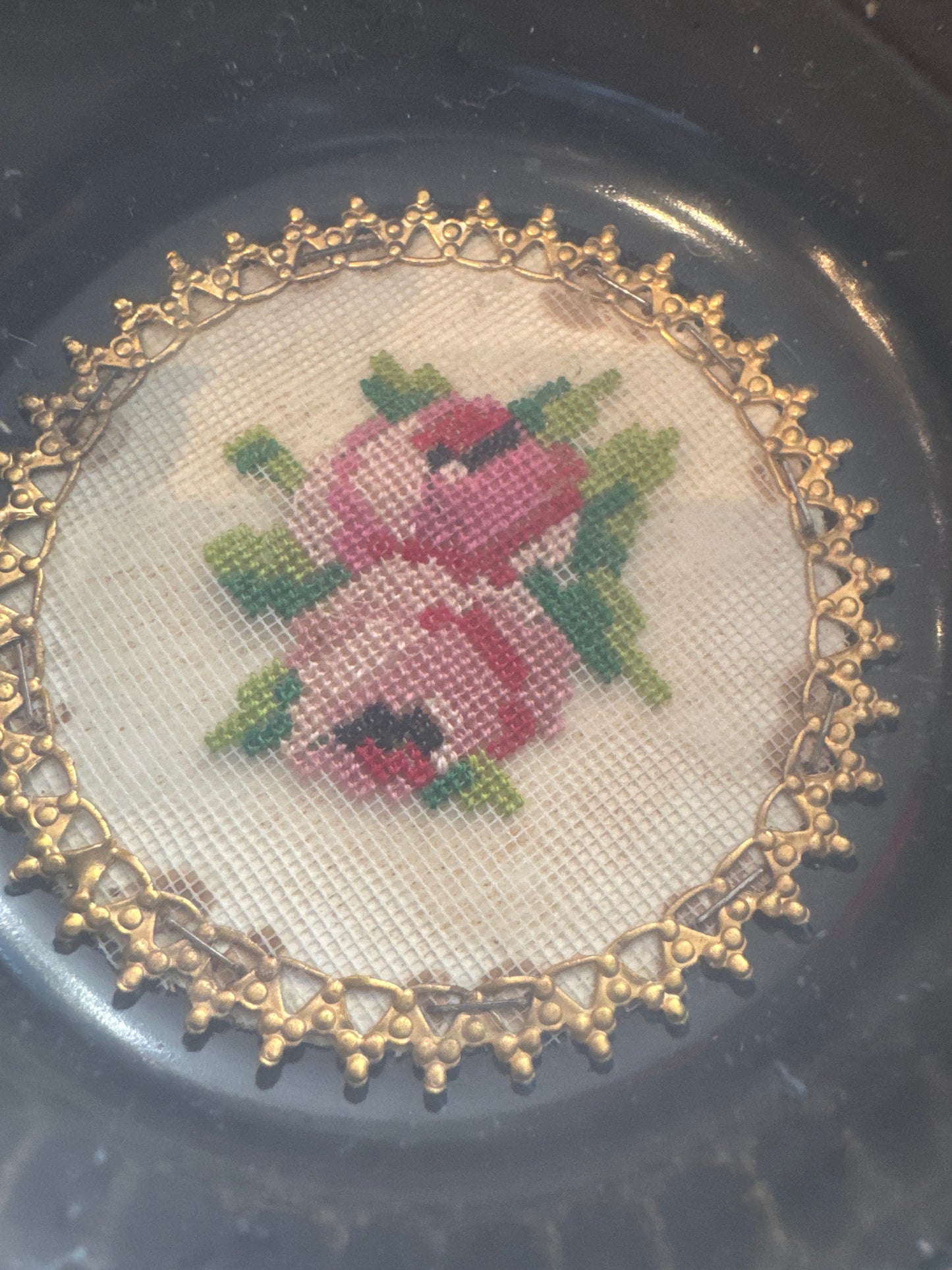 1940s brass ashtray with PETIT point detail