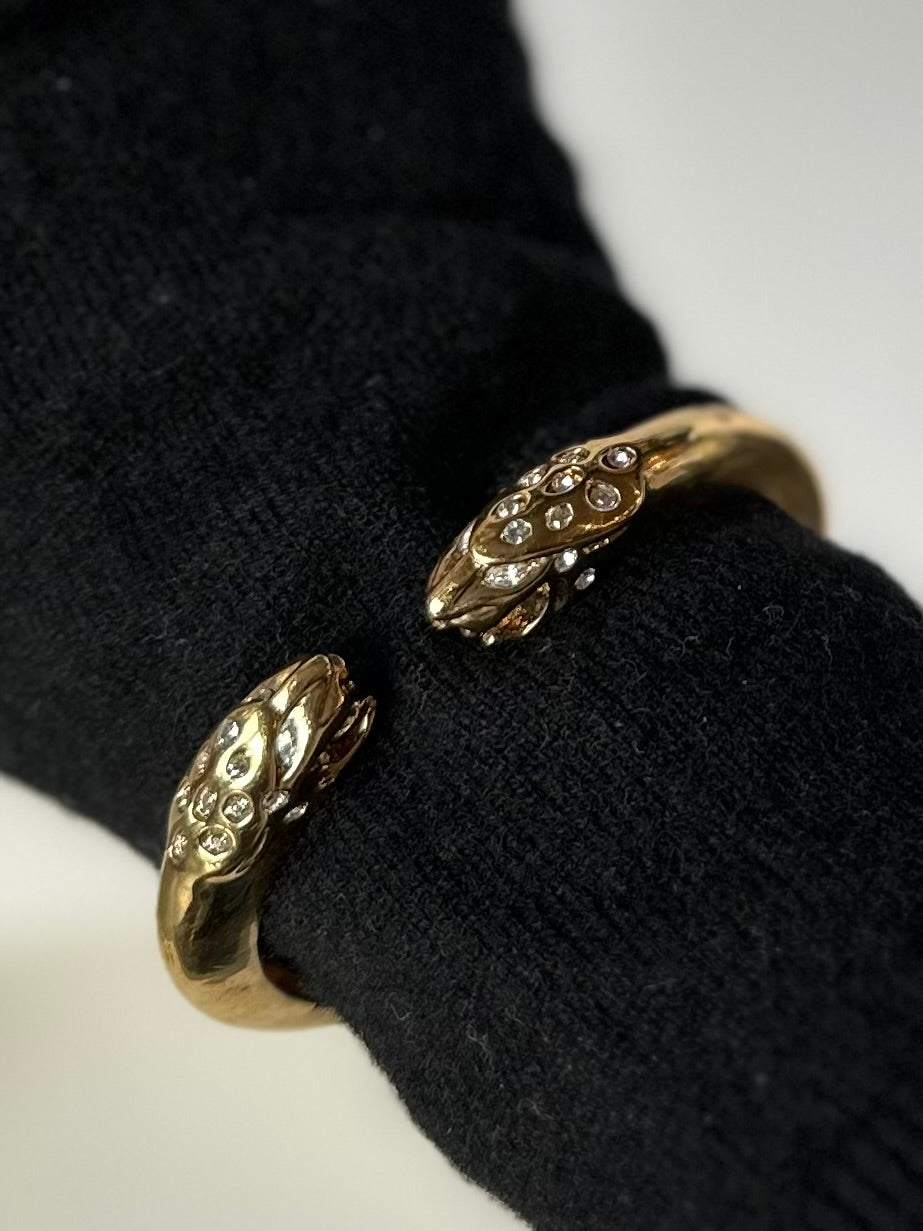 Vintage Kenneth Jay Lane Gold Tone Jeweled Rhinestone Jaguar Clamp Bracelet