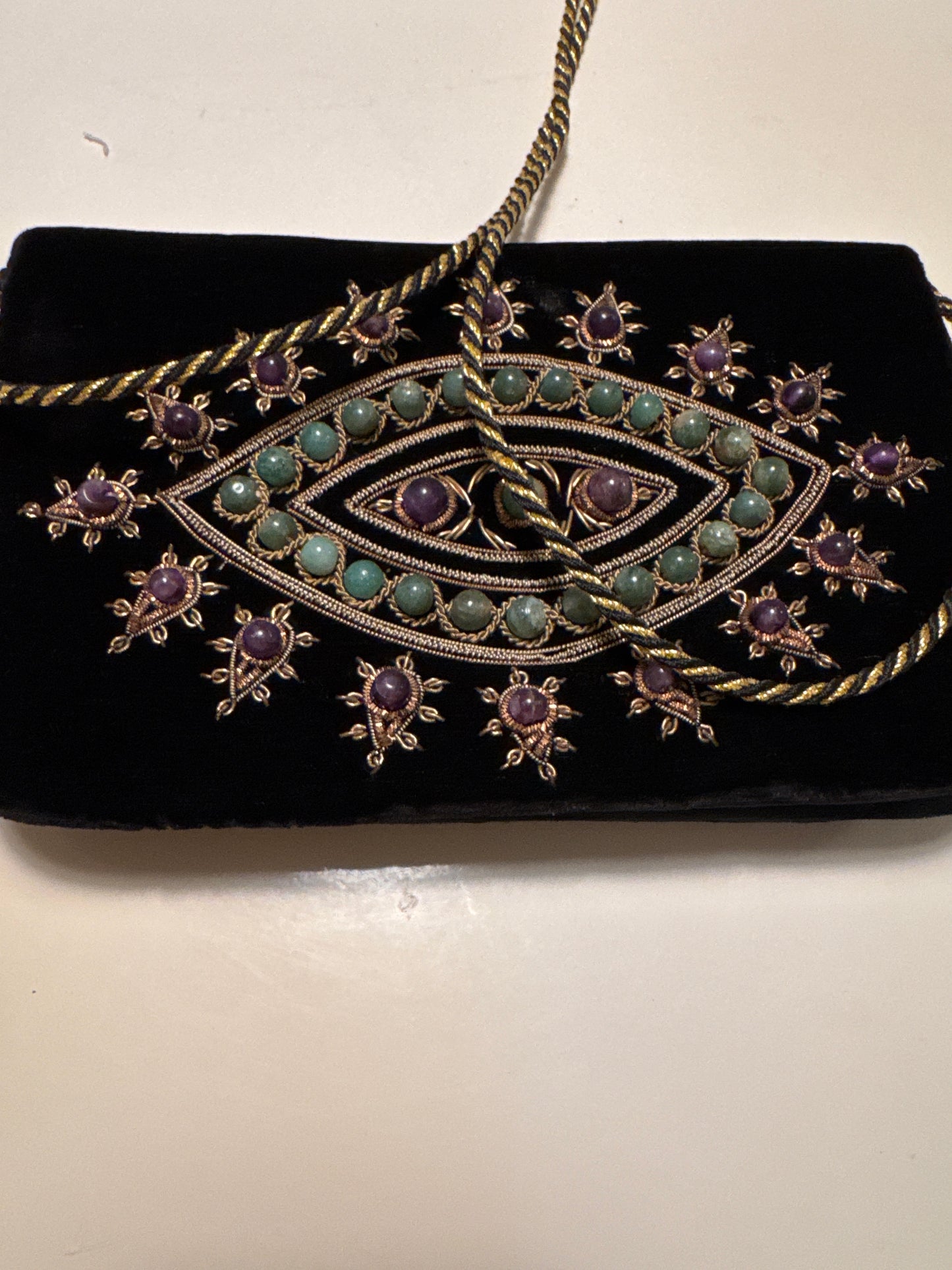 1960s velvet handbag with Jade and amethyst cabochon stones Can be worn as a clutch or Crossbody. Found in Paris. Summer
