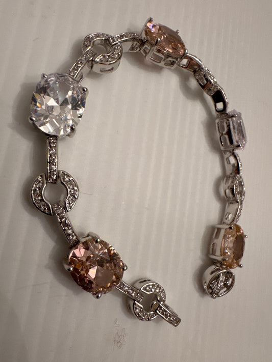 Beautiful signed 1970s Park Lane rhodium bracelet with pink and clear rhinestones