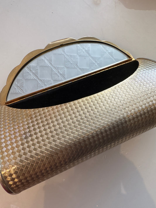 Beautiful vintage 1950s gold hardshell clutch with rhinestone detail, and mirror inside