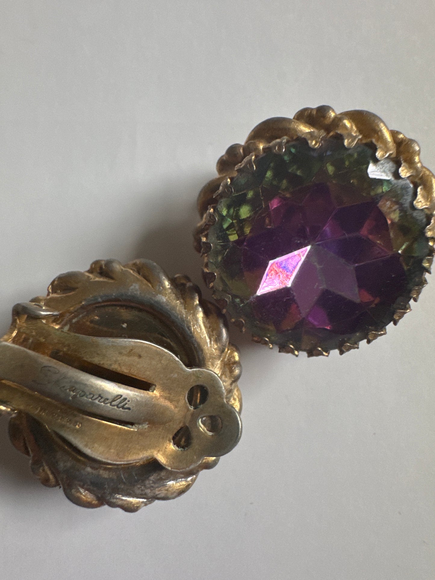 1930s light pink watermelon stone signed SCHIAPARELLI earrings with gold tone outer wreath