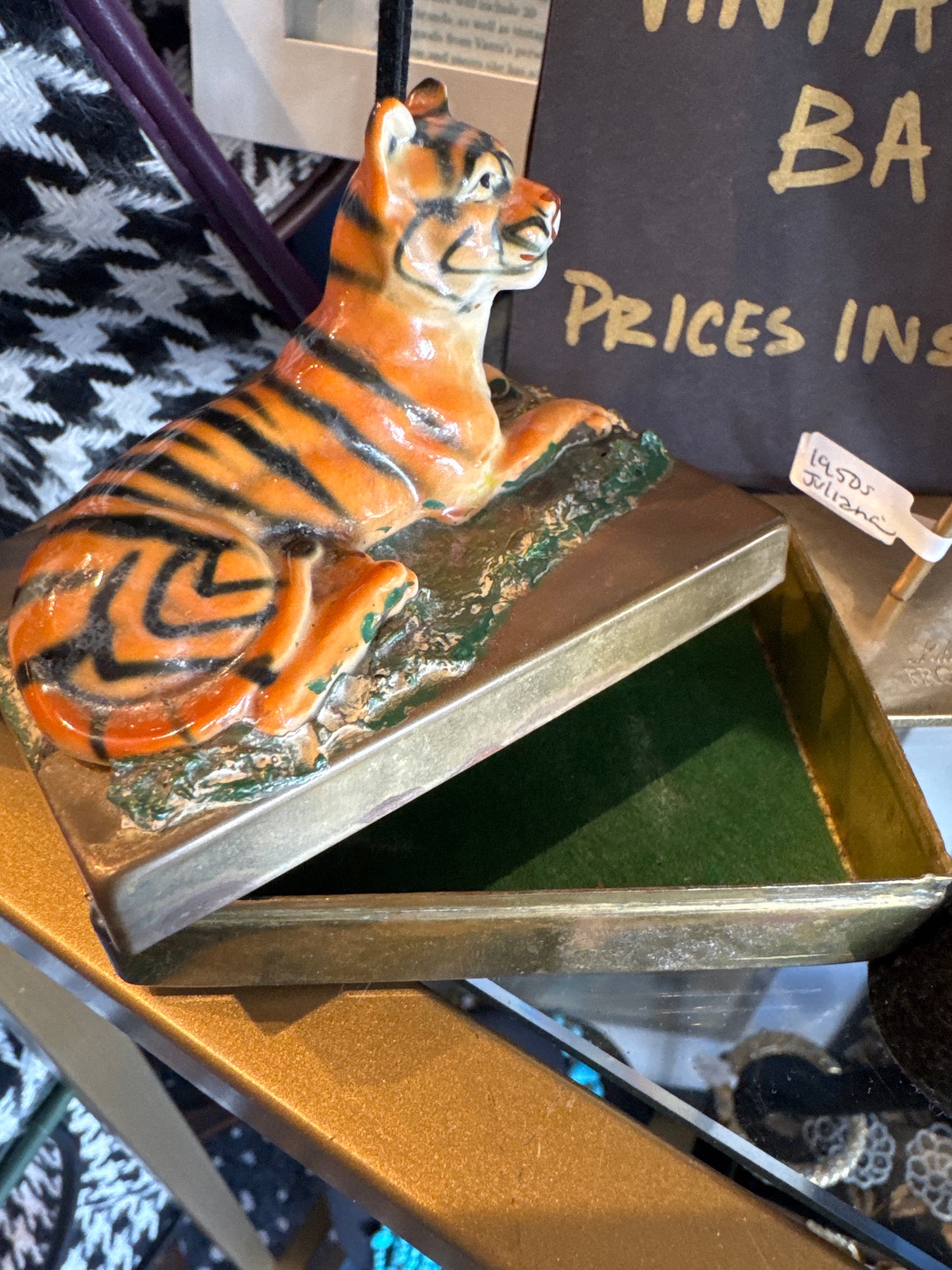 Beautiful mid-century tiger, trinket box ceramic and brass
