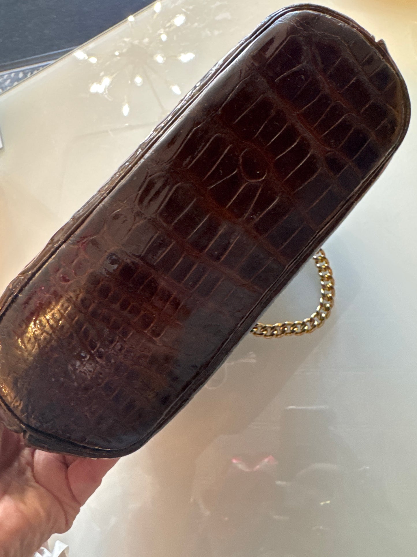 1940s alligator bag in beautiful condition, deep chocolate brown with gold hardware