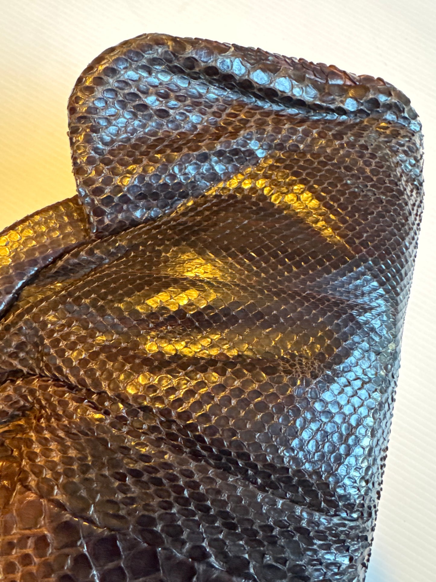 Fabulous 1940s cobra snake skin mahogany brown clutch bag with lucite top